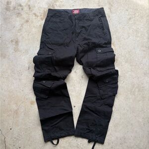 Black cargo pants with adjustable waist and cuffs